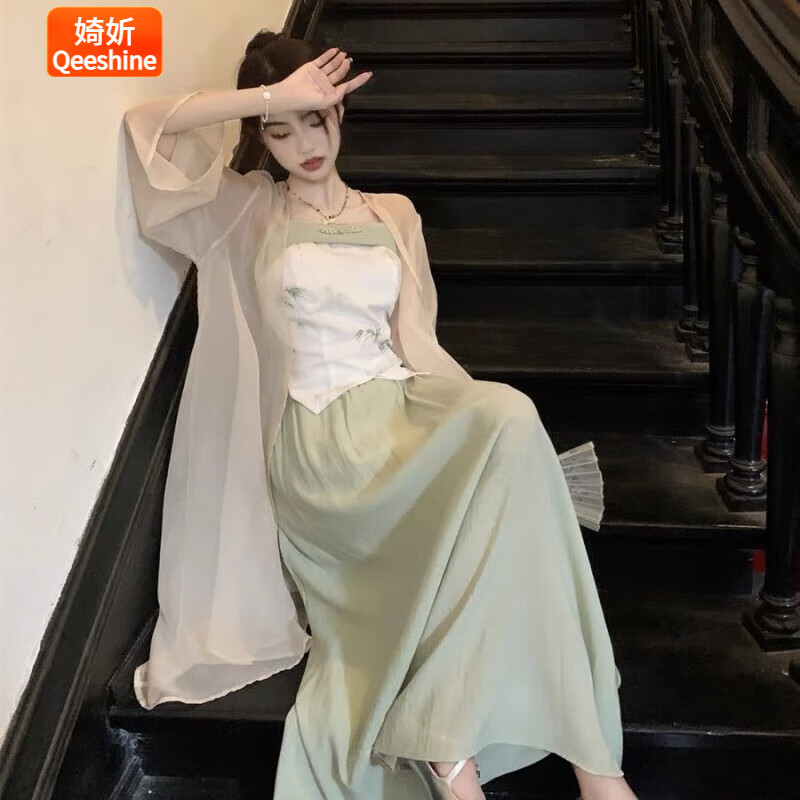 婍妡（Qeeshine）新中式女装国风改良汉服汉素小个子绿色吊带连衣裙三件套女夏季 开衫+抹胸+半身裙(三件套) L