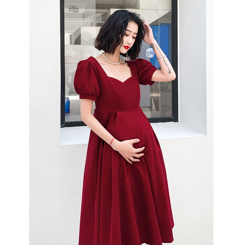 塞德勒孕婦敬酒服新娘2025新款春夏平時(shí)可穿酒紅色禮服女高腰大碼遮肚子 酒紅色 2XL
