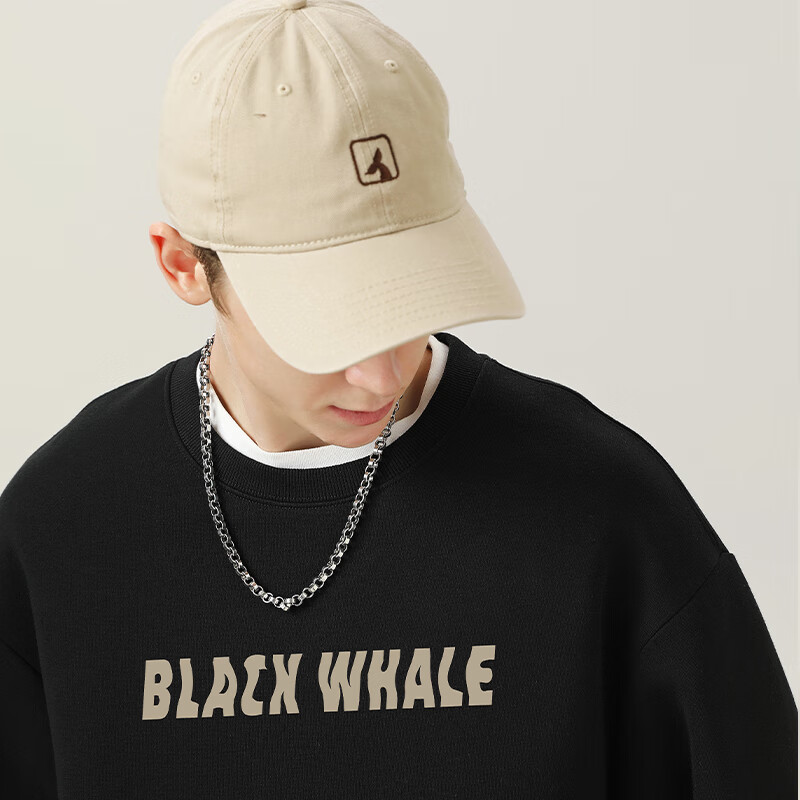 黑鲸海澜之家旗下潮牌无帽卫衣男春秋季正肩圆领上衣休闲外套 黑 M