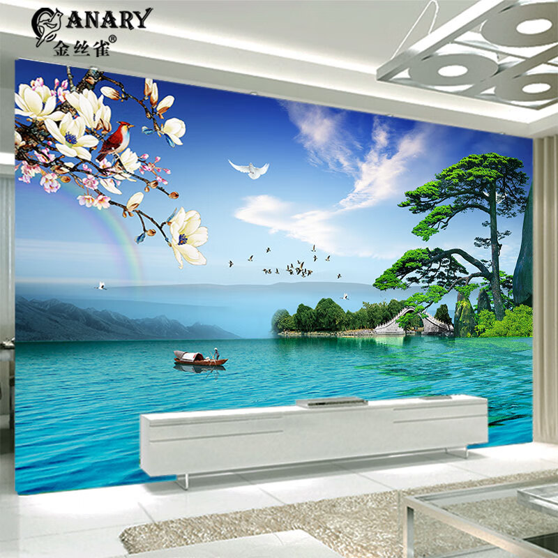 金丝雀(anary)迎客松风景壁画客厅墙壁布电视背景墙立体墙纸田园墙纸