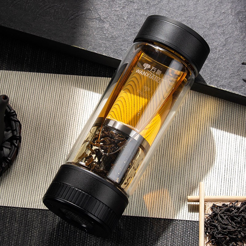 万象(WANXIANG)双层茶水分离玻璃杯V258L枪黑色310ML商务办公礼盒装机械开关水杯