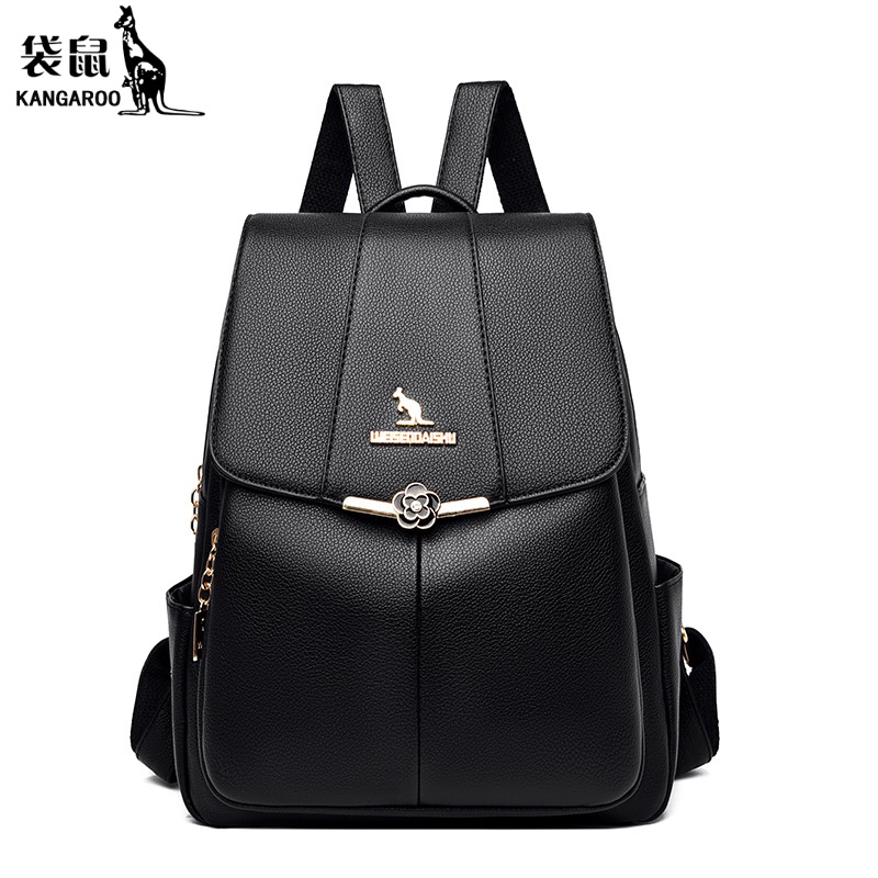 袋鼠双肩包女2024年书包女百搭简约旅行大容量软皮女士软皮背包潮