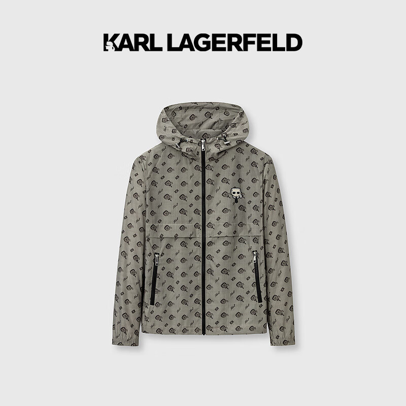 Karl Lagerfeld卡尔拉格斐轻奢老佛爷男装23春夏 连帽印花刺绣休闲夹克外套 浅棕色 46