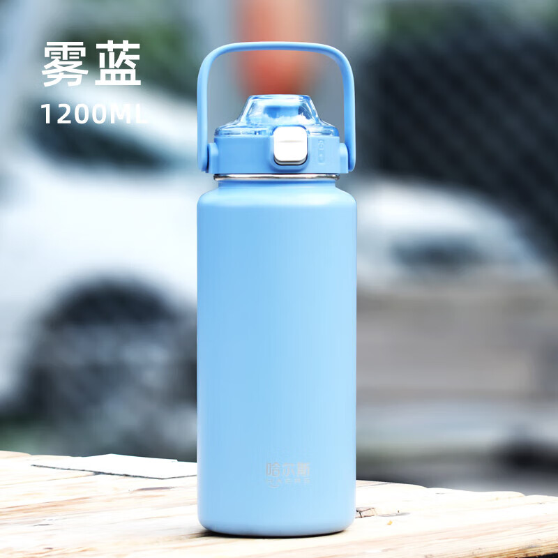 哈尔斯(HAERS)多巴胺保温杯女男大容量双饮口茶杯不锈钢水壶随行杯运动水杯子 雾蓝【一键弹盖双饮】1200ml