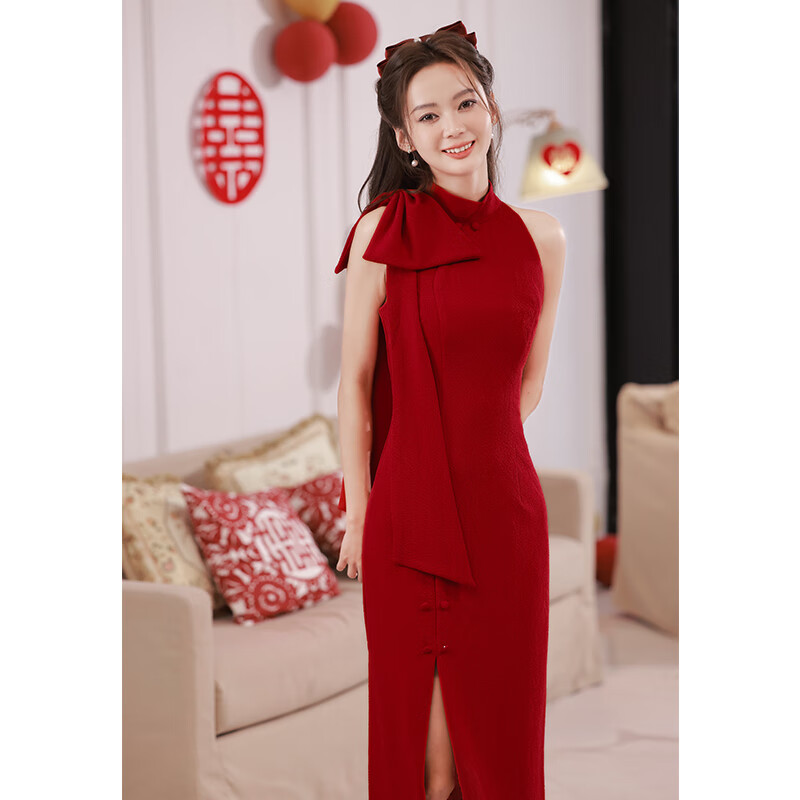 晨袍敬酒服新娘2023新款无袖红色结婚订婚礼服连衣裙夏 绯色的香气 s
