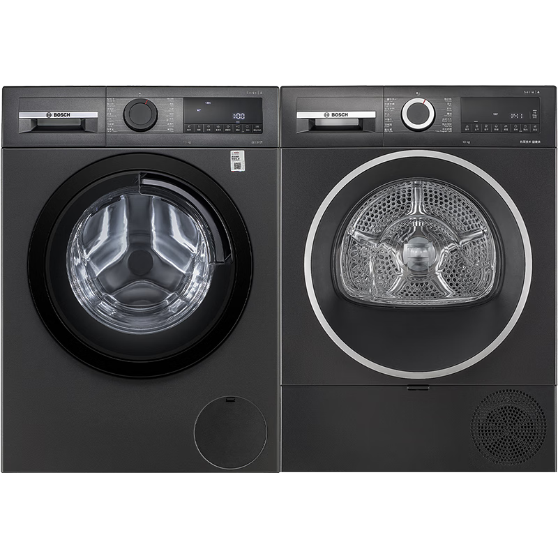 博世（BOSCH）洗烘套装10+10KG珍珠黑大容量全自动滚筒除洗衣机家用热泵烘干机 WGE152U2AW+WQE252U2AW