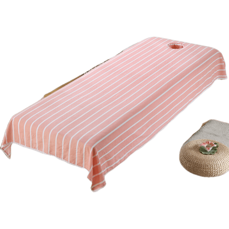 美容床单夏季美容院专用带洞水洗棉花边简约条纹格子SPA按摩床单伊家 水洗棉粉色条纹床单 (买十送一) 80X200开洞