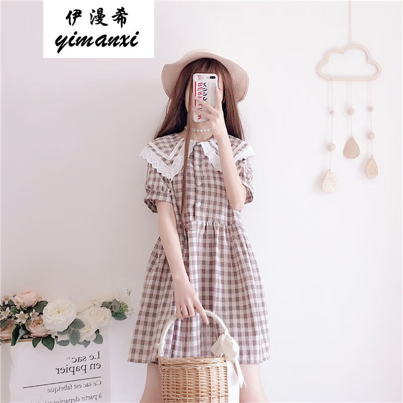 可爱娃娃领连衣裙学院风甜美格子短袖夏季裙子女小个子清新潮美丽衣服