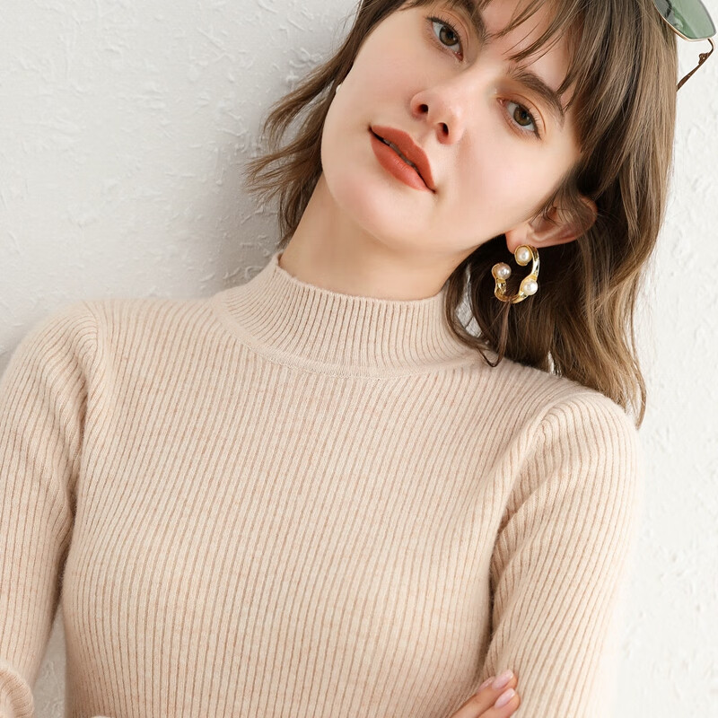 女生羊毛毛衣打底衫半高领100羊绒衫女2020年新款修身内搭羊毛打 米色