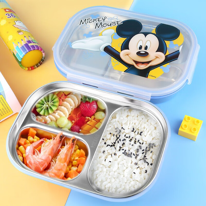 迪士尼（Disney）儿童保温饭盒男女学生不锈钢分格餐盘宝宝可拆卸注水便当盒卡通餐具米奇