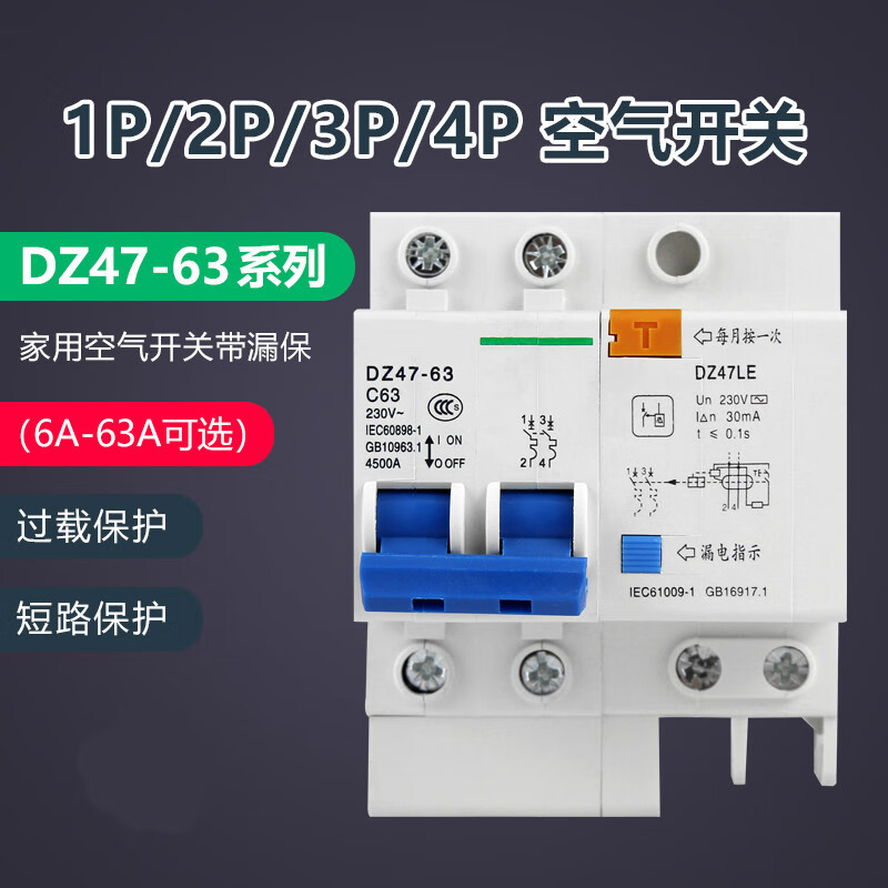 矮牵牛保安器电表箱断路器小型漏电保护器2p漏保63a空 1a 1p n