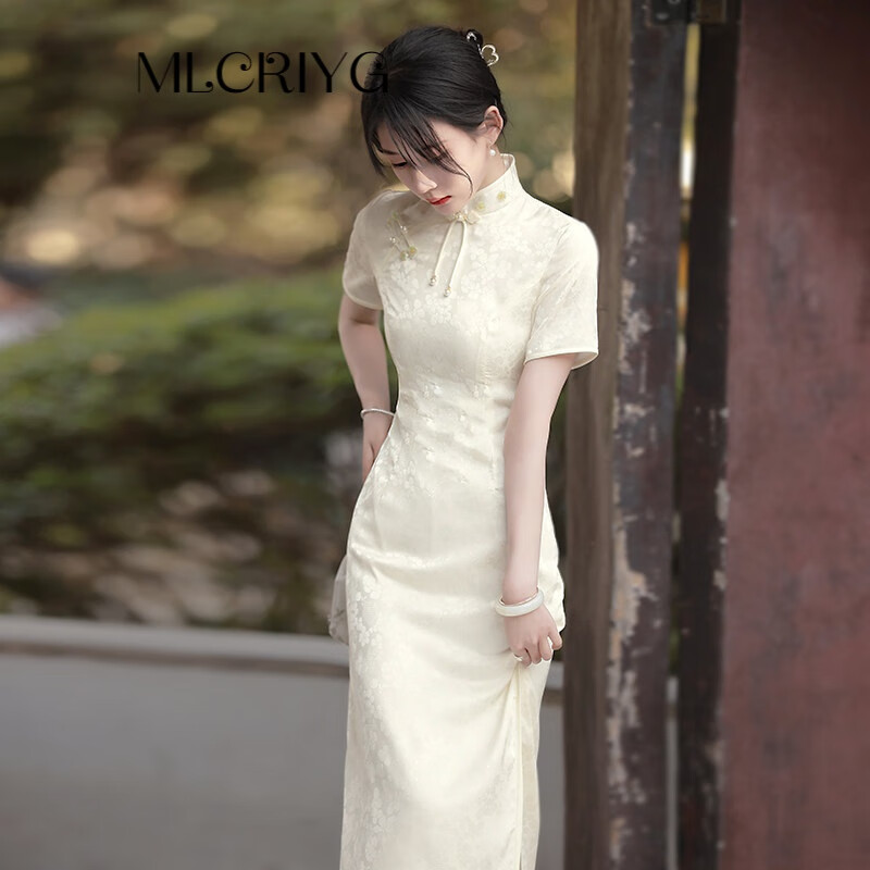 mlcriyg旗袍2022年新款夏季中国风复古中长款白色丝绸气质高端年轻