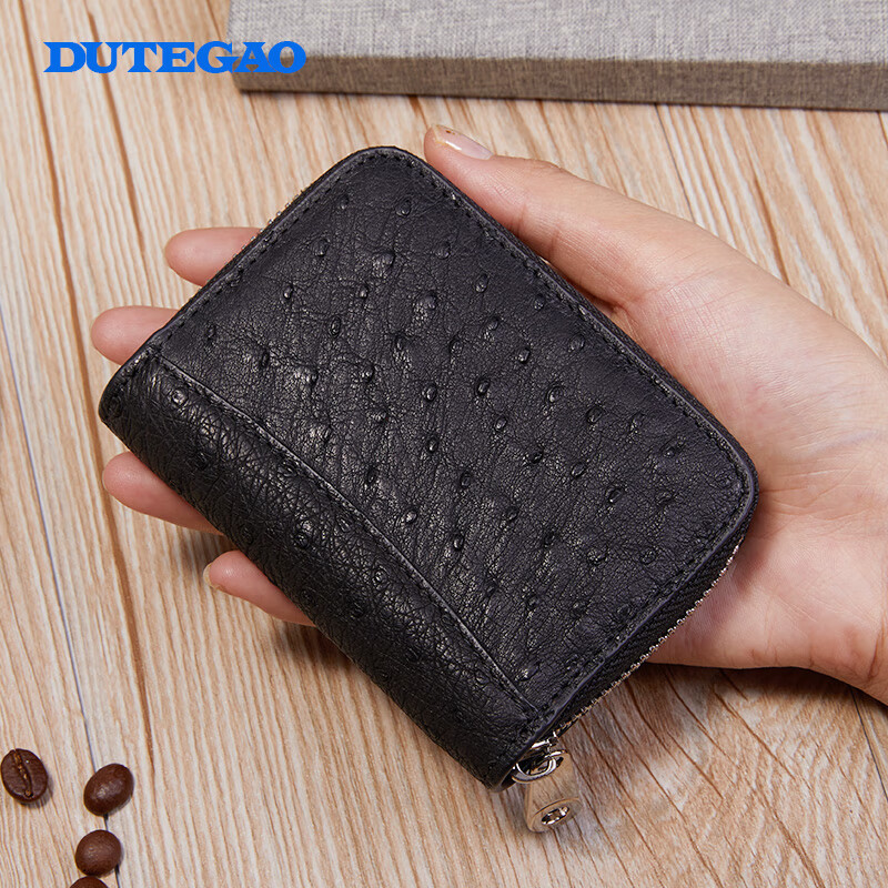 DUTEGAO鸵鸟皮卡包男士多卡位大容量银行卡套零钱包节日生日礼物风琴卡包 黑色-Q62009739-71A1