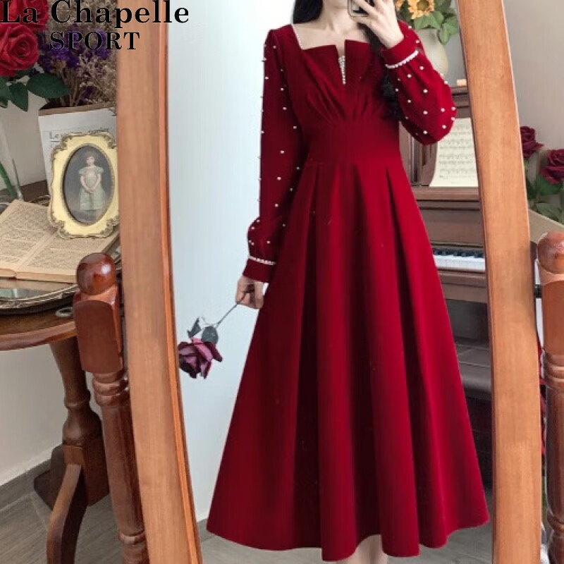 La Chapelle Sport拉夏贝尔春秋女装敬酒服晚礼服连衣裙胖mm赫本风气质显瘦酒红色裙 红色 4XL180-200斤 大码属于什么档次？