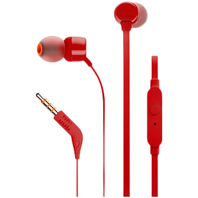 JBL T110 入耳式耳机立体声运动游戏电脑耳机手机有线耳机带麦可通话 哈曼入门款 红色 防缠绕轻量化设计 内置麦克风10036430059428