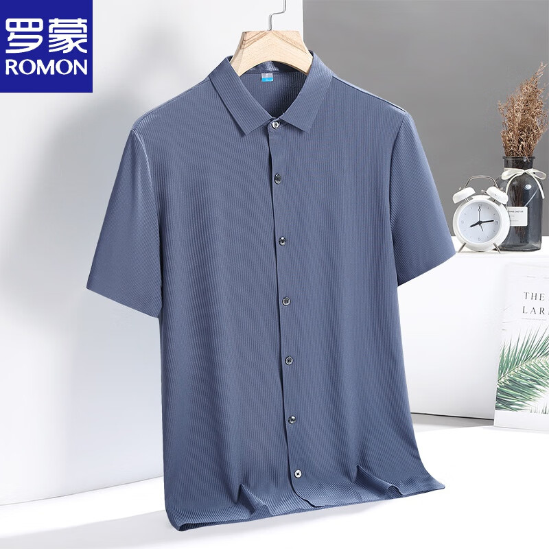 罗蒙(romon)胖大叔冰丝大码带领短袖衬衫男外穿式轻奢休闲抗皱免烫加
