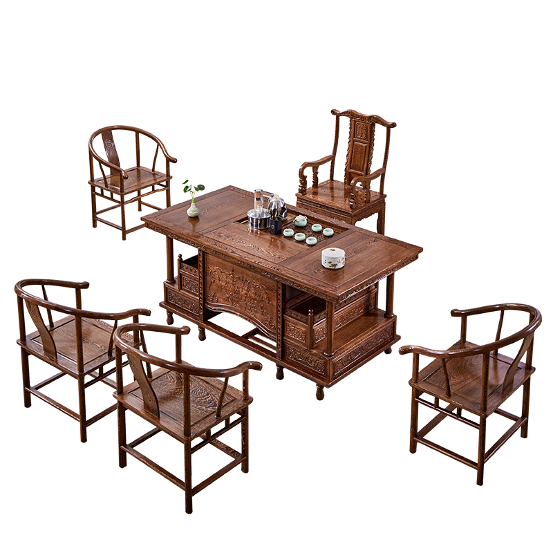 景典 红木家具 非洲鸡翅木（学名：非洲崖豆木）茶桌 实木茶桌中式客厅餐厅办公室茶几套装组合功夫茶台 1.68米牡丹茶桌+1主人椅+4副椅 整装