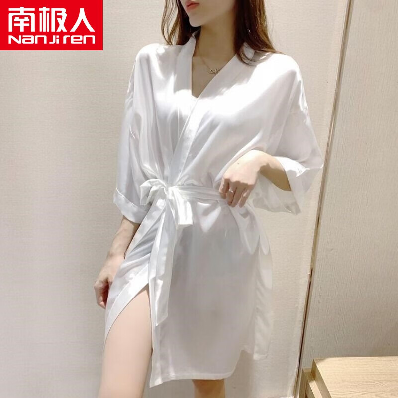 南极人内衣轻奢新品 睡衣女夏季睡袍冰丝薄款真丝绸白色性感春夏天