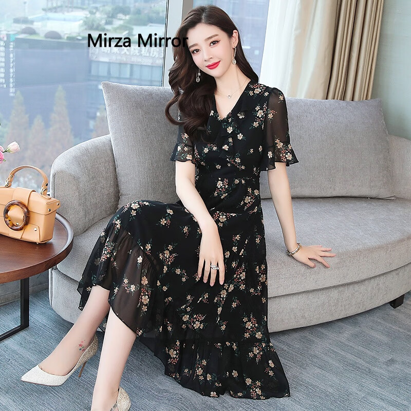 Mirza Mirror2020新款雪纺连衣裙女夏装法式显瘦气质碎花中长款气质长裙 黑色 2XL（建议 120-130斤）
