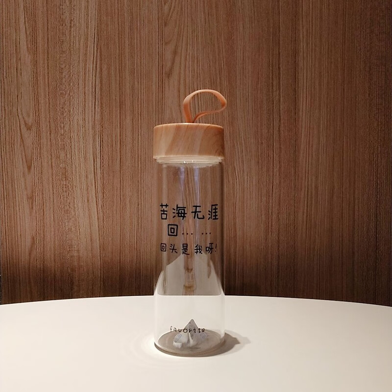 盖男女学生便携喝潮语简约时尚牛奶果汁水杯 透明玻璃350l苦海无涯