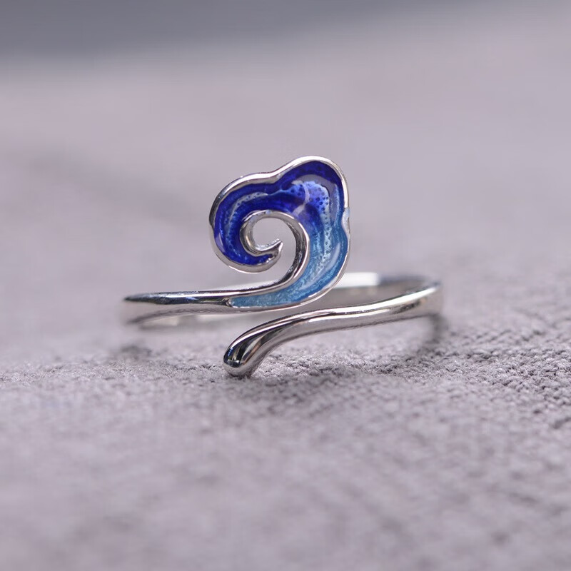 目兔景泰蓝云朵戒指s925银烧蓝饰品指环开口祥云云彩银饰简约女 开口