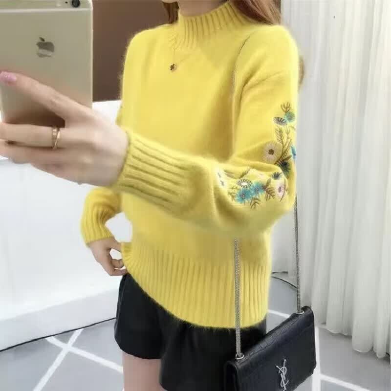 诺煦【包芯纱】半高领毛衣加厚女秋冬季短款刺绣花打底针织衫长袖 黄色 2XL  建议125-145斤