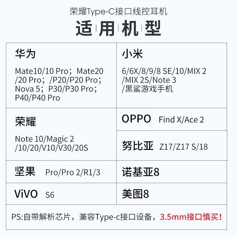 荣耀耳机原装华为适用p30pro/p40mate30/20pro荣耀30/20s/Nova8小米10 type-c有线耳机AM33 白色