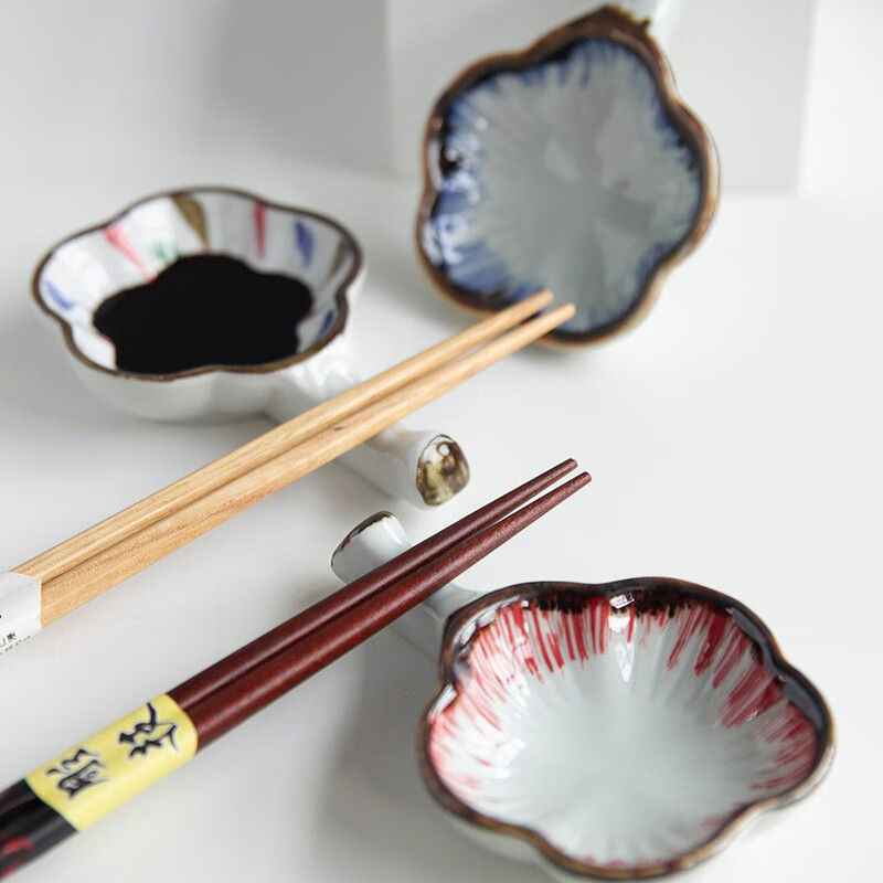 和风四季 日式釉下彩手绘陶瓷调料碟两用碟家用多用筷托味碟酱料碟花型碟 （4款各1个）多用陶瓷味碟