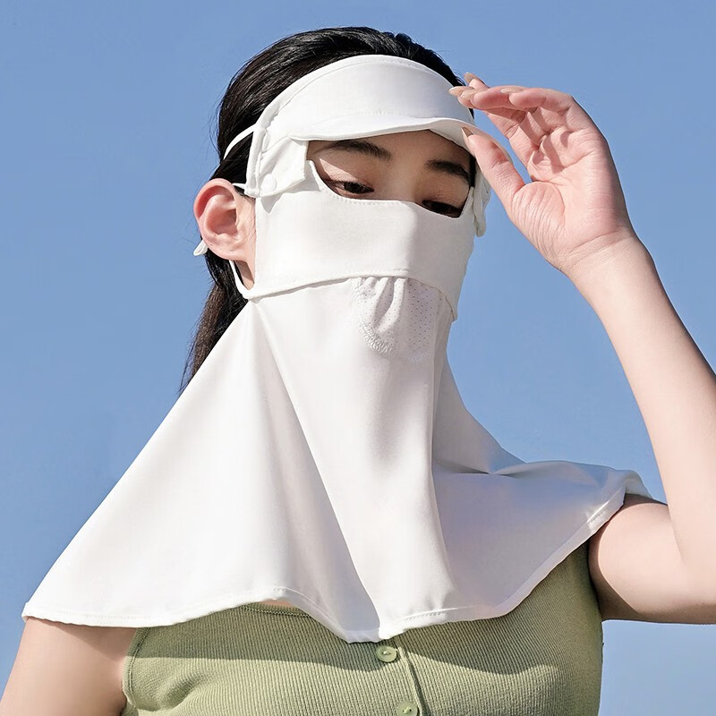 达芬奇密码防晒帽子护颈口罩 可拆卸脸罩冰丝面罩遮阳透气 白色