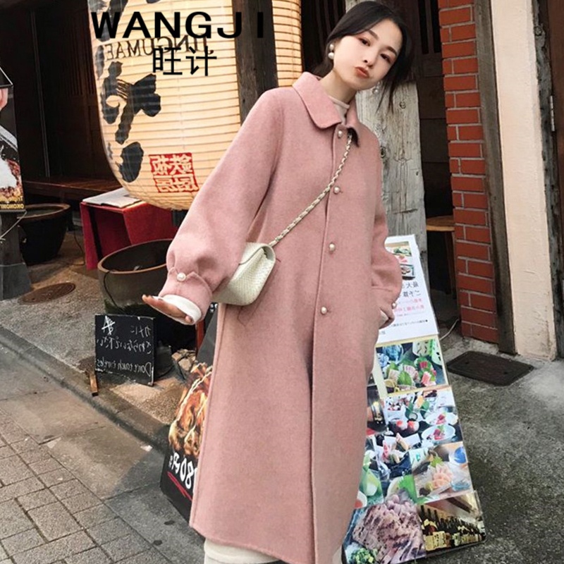 旺计毛呢大衣女纯色外套中长款2020年新款粉色呢子大衣女中长款小个子