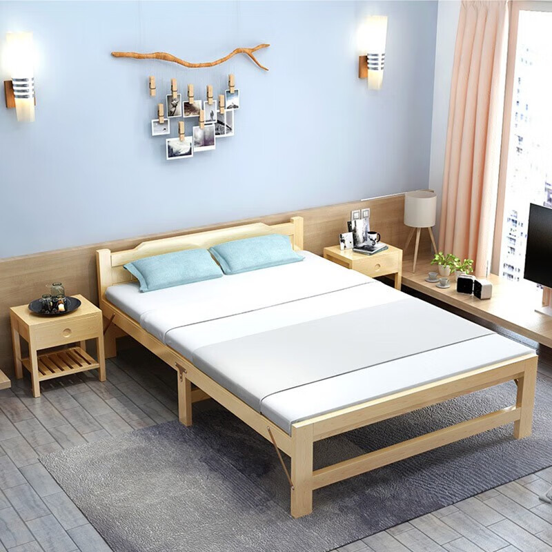 原声原代床实木床折叠床家用单人床硬板松木床铺简易双人床加宽拼接床架 100CM宽【免安装】+5厚折叠床垫