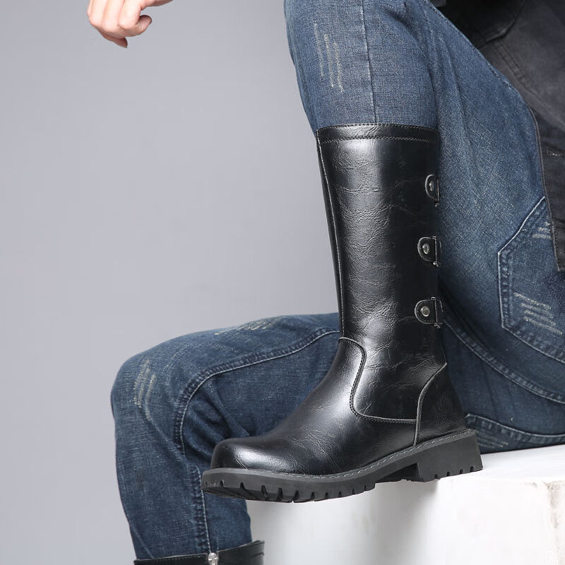 hawit西部牛仔靴男中筒长靴工装靴侧拉链靴马靴高筒靴中帮高帮靴马丁