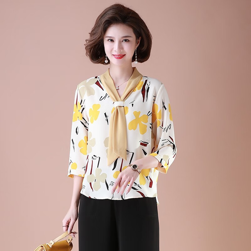 孜颜妈妈装夏装半袖上衣女中老年女装春夏雪纺衫洋气50-60岁母亲衣服 2156黄色 XL 建议100斤内