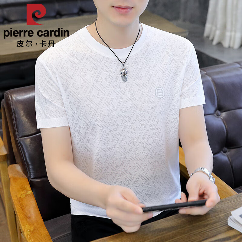 皮尔卡丹(pierre cardin)夏季冰 丝短袖t恤男士潮牌百搭名牌桑蚕丝
