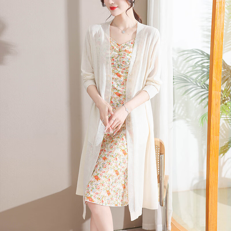 歌米拉（Gemila）冰丝针织开衫女薄款中长款夏装新款外搭空调衫外套 白色 L 110-120斤