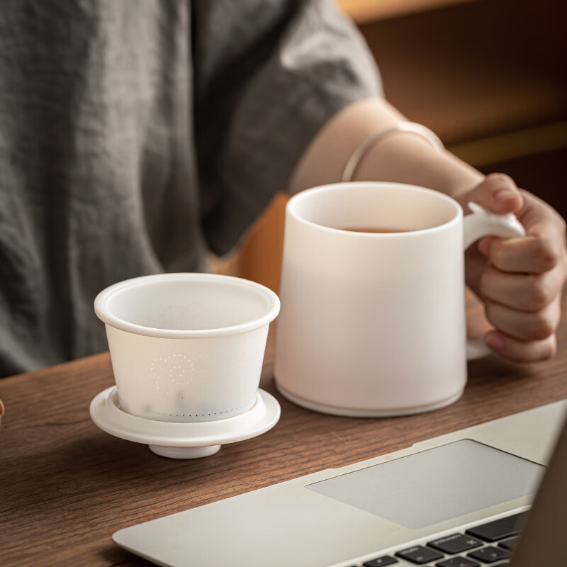 流影高档羊脂玉茶杯单个茶水分离泡茶杯马克杯德化白瓷办公杯礼品定制 丹凤金鱼对杯-吉祥如意