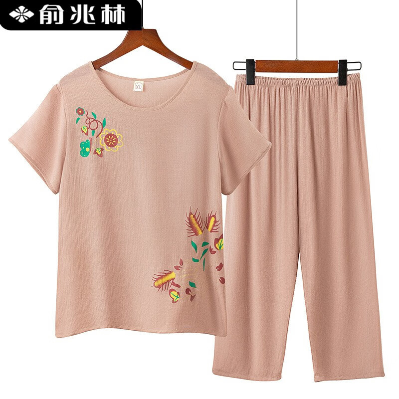 俞兆林新款妈妈睡衣女夏季短袖两件套装夏天薄款奶奶装家居服可外穿 MS021卡其色（卡码建议拍大一码） 2XL（建议105-125）