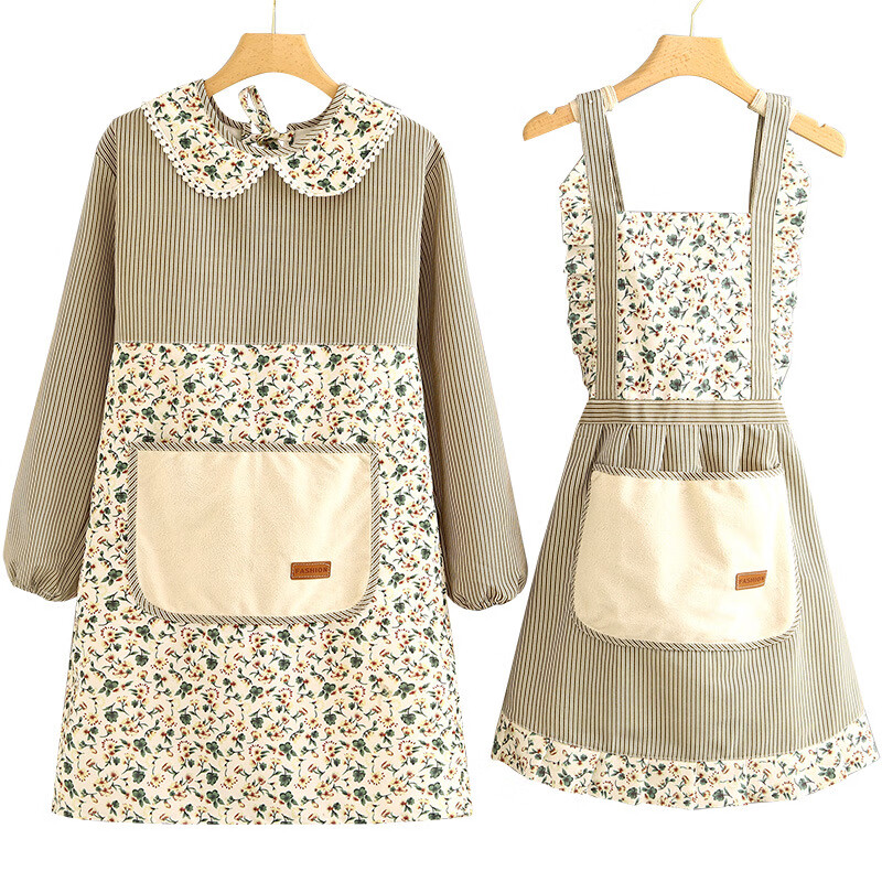 帆布围裙罩衣女透气长袖围裙厨房家用防污耐脏工作服大人做饭围的 长袖罩衣绿色(图左所示装) 1条