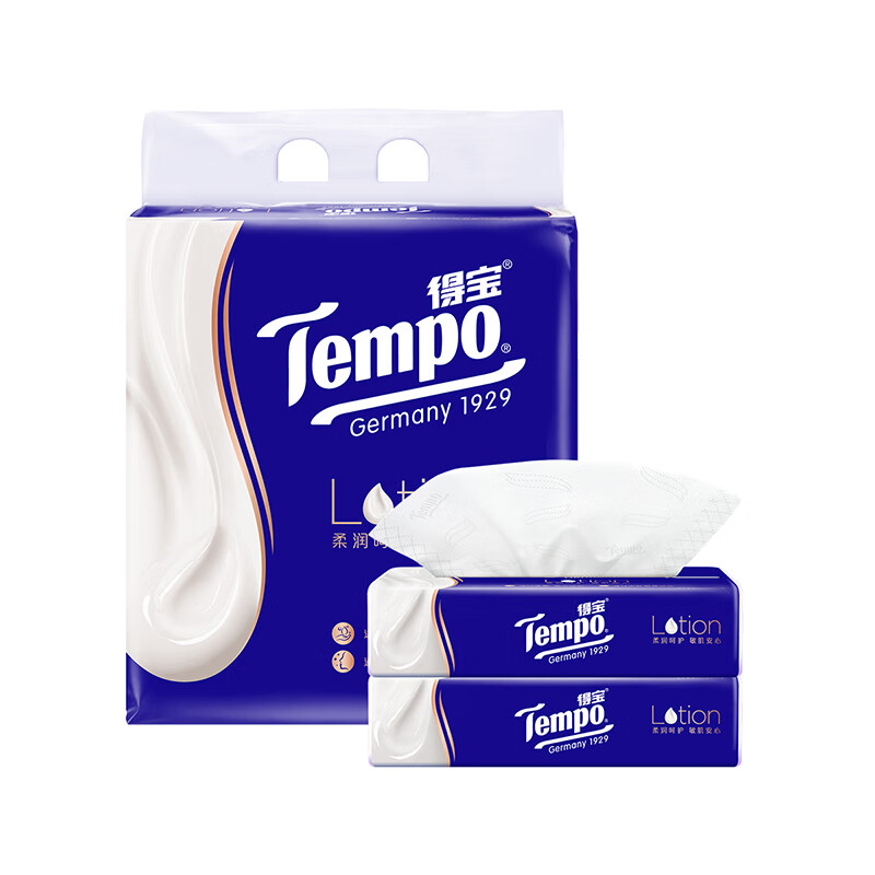 得宝(Tempo) 抽纸Lotion高端乳霜纸保湿因子面巾纸 母婴儿 鼻敏感适用70抽*4包