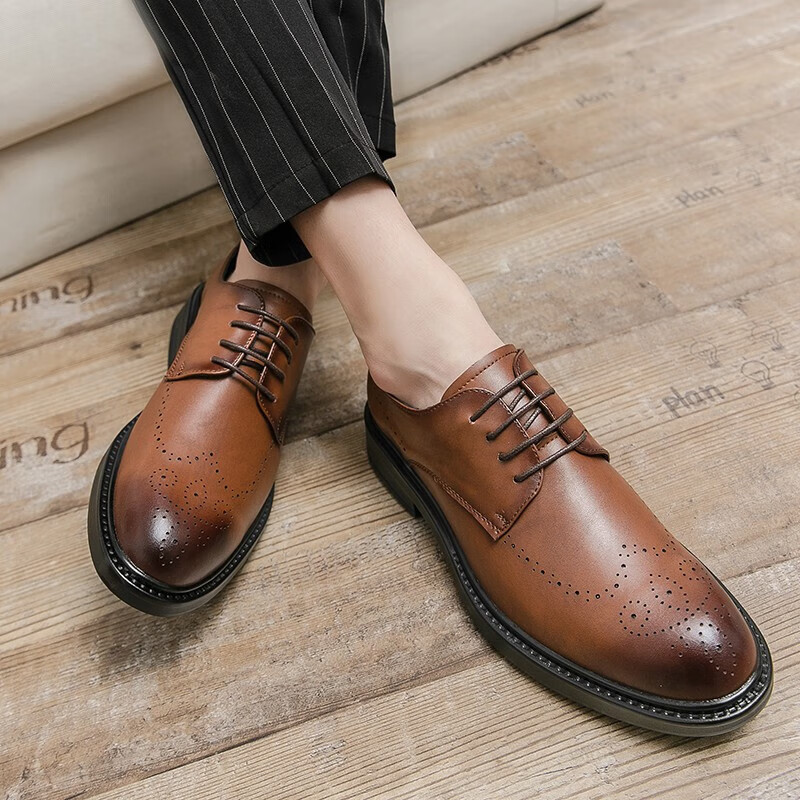 休闲鞋新品男鞋增高小皮鞋工作鞋布洛克正装商务鞋子 古伦82293黄色