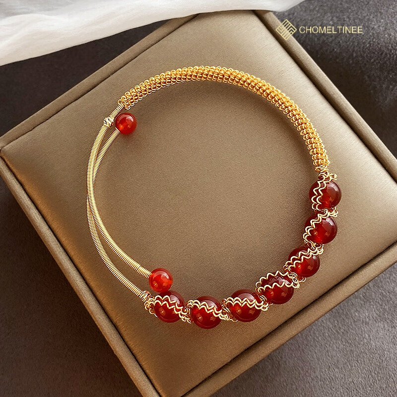 CHOMELTINEE红玛瑙手镯女原创设计高级感复古轻奢首饰韩版手工编织手串 红色