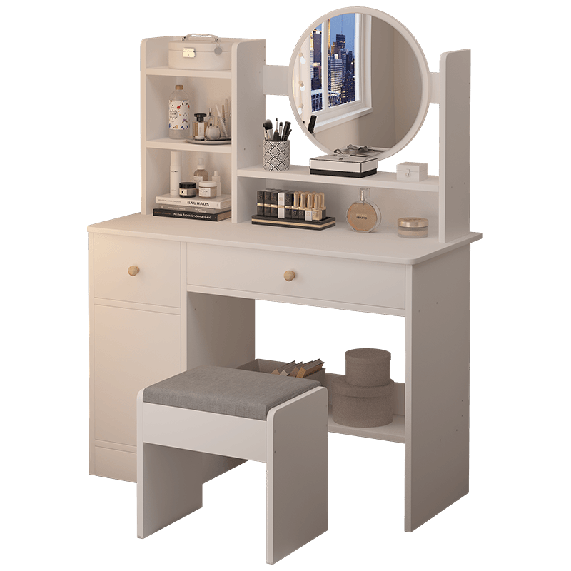 宜造  梳妆台卧室现代简约收纳一体小型化妆桌INS风轻奢带镜化妆台 【两抽一柜+LED灯+金丝绒凳】暖白色80CM