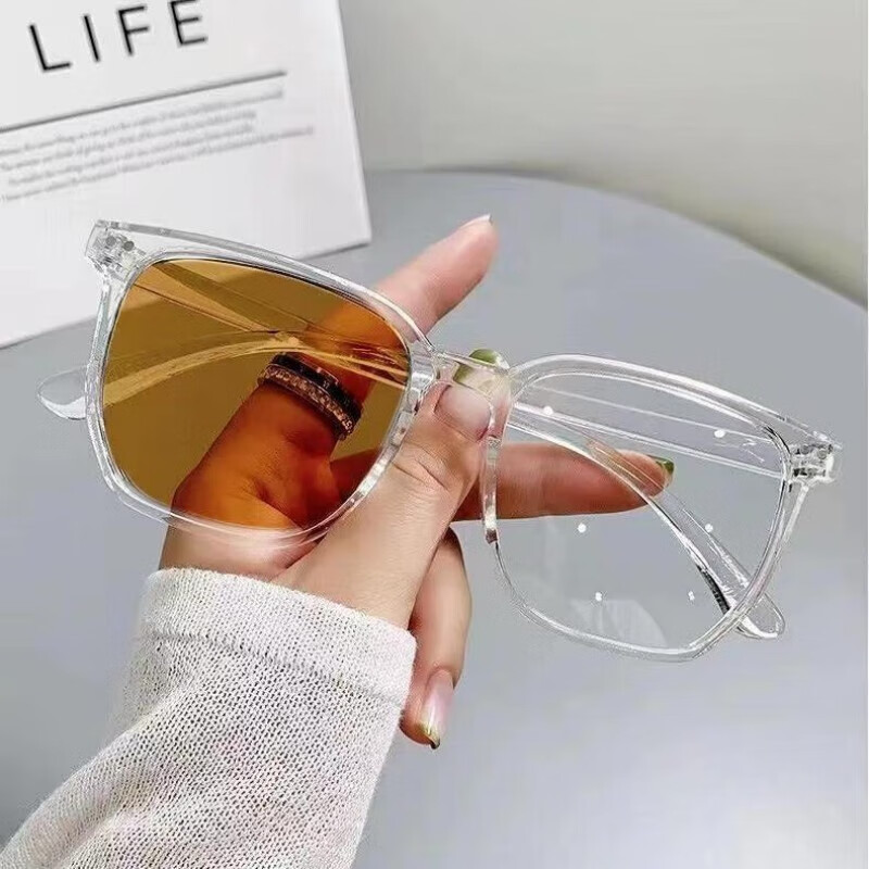 眼镜渐变眼镜有度数学生韩版素颜大圆脸显瘦 透明框变茶片 近视150度