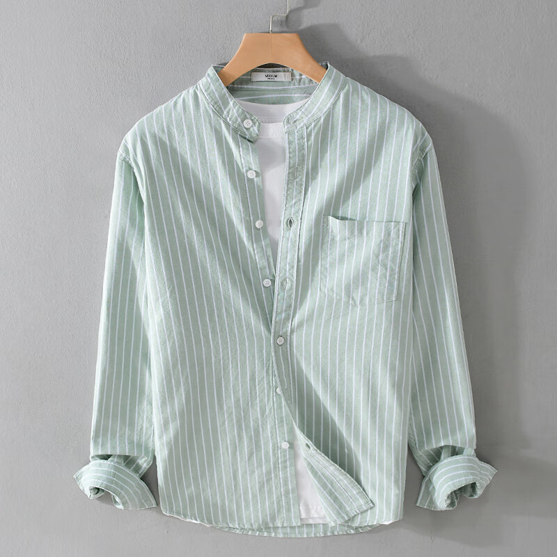 条纹长袖衬衫男简约百搭立领休闲外套男时尚潮流春秋款衬衣男 豆绿色
