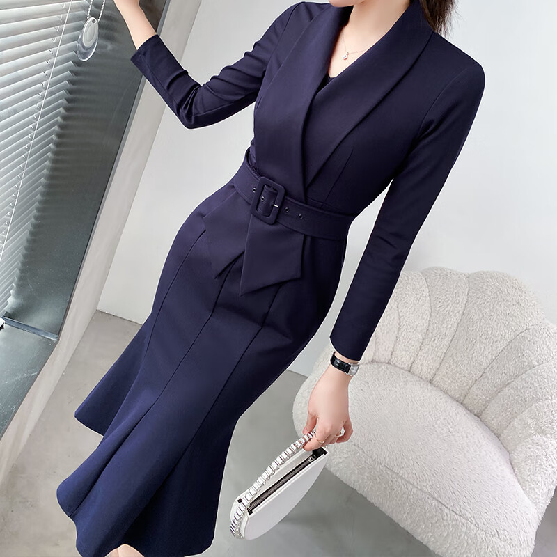 秋冬气质西装连衣收腰显瘦职业名媛女神套装白领 藏蓝色 配腰带色 s