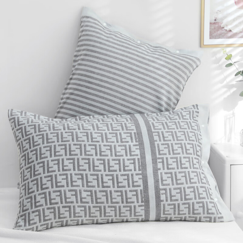 纱布纯棉枕巾一对装枕巾按扣全包式固定防滑棉枕巾 灰色时尚元素一对