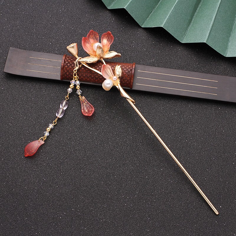 飞花缠花发簪流苏汉服头饰步摇古风簪子简约旗袍盘发簪荷花发钗 红莲