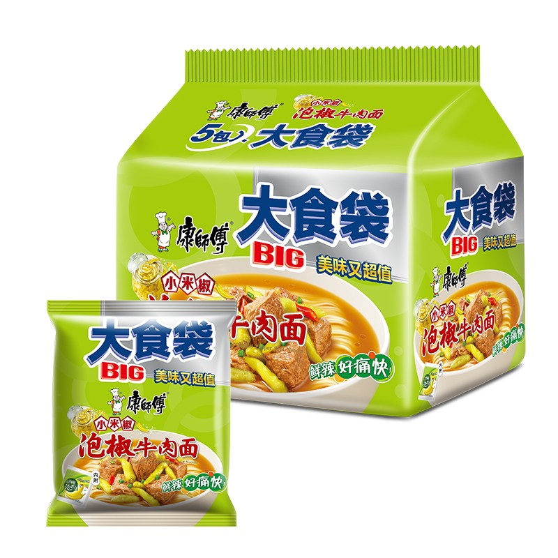 康师傅 方便面 大食袋泡面 泡椒牛肉面5连包