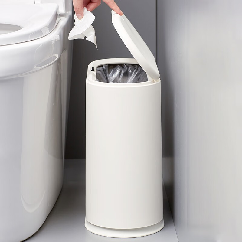 花椰菜夹缝垃圾桶干湿分格两用简约家用带盖防臭厕所按压式窄峰大号垃圾桶 白色