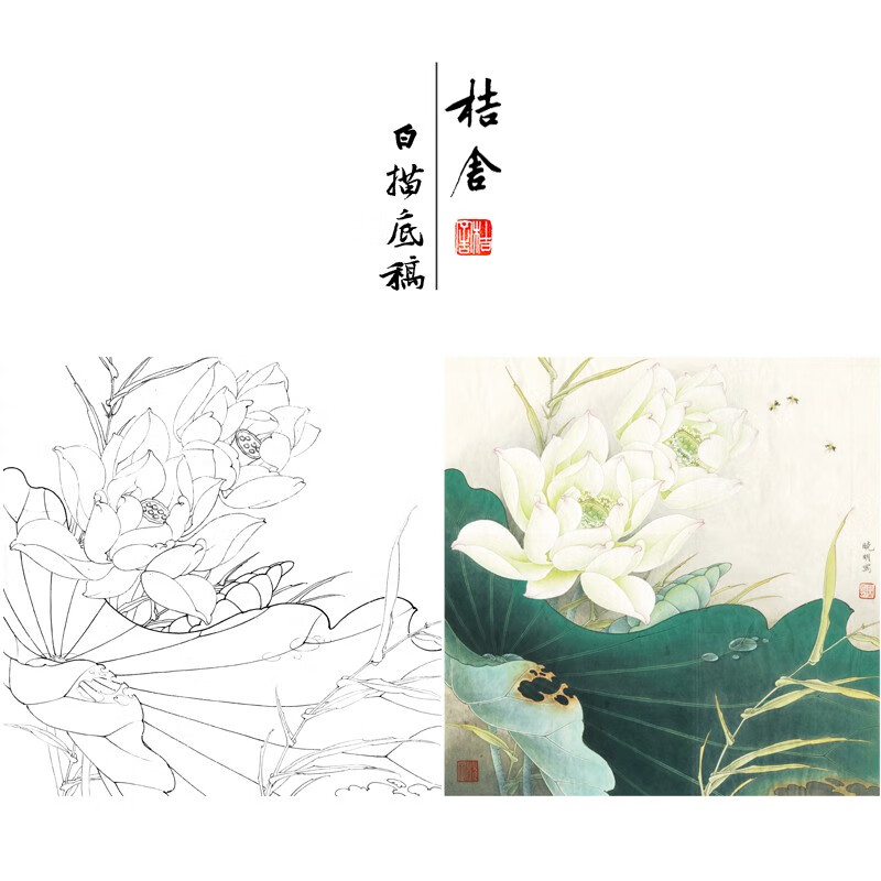 桔舍李晓明工笔画白描底稿荷花蜜蜂小品原作大小50×50厘米花鸟线稿带
